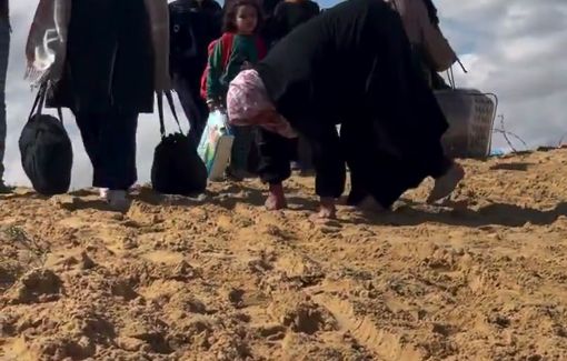 Thumbnail preview image for the video titled: Ailing elderly woman walks on all four as the IDF forces displacement from Rafah