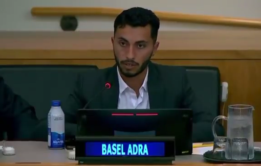 Thumbnail preview image for the video titled: At the UN, Basel Adra talks about just journey from Masaffer Yatta to the Oscars