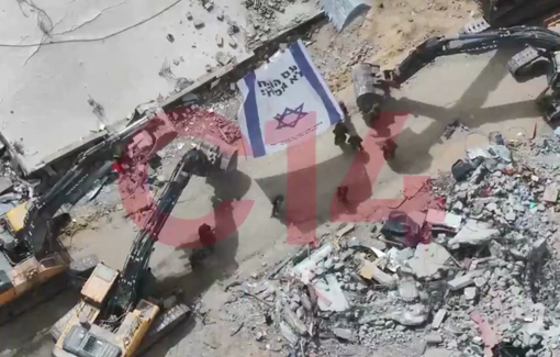 Thumbnail preview image for the video titled: Israeli soldiers hoist Israeli flag over the ruins Rafah after they razed everything