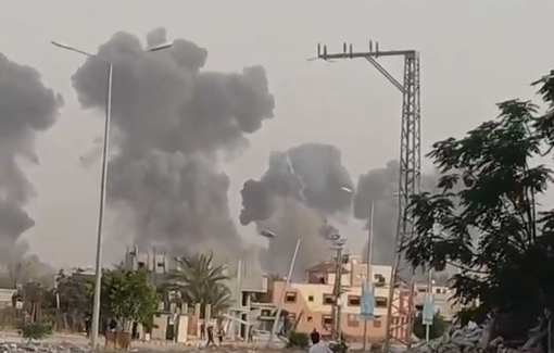 Thumbnail preview image for the video titled: Large pillars of smoke rise above the Gaza European Hospital after Israeli carpet bombing