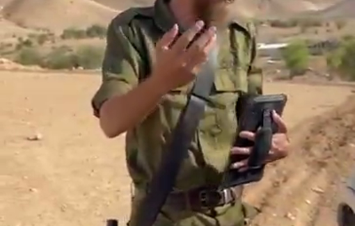 Thumbnail preview image for the video titled: Israeli settler Gabriel Kalish harassing Palestinian shepherds and activist in Ras al-Aïn