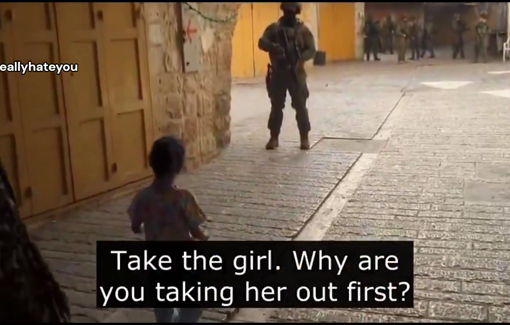 Thumbnail preview image for the video titled: An Israeli soldier yells at an elderly Palestinian woman walking with her grandchild in Jerusalem Old City