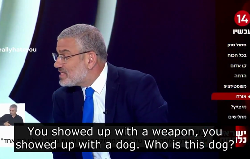 Thumbnail preview image for the video titled: Israeli Sde Teiman jailer brought his rifle and dog to TV show