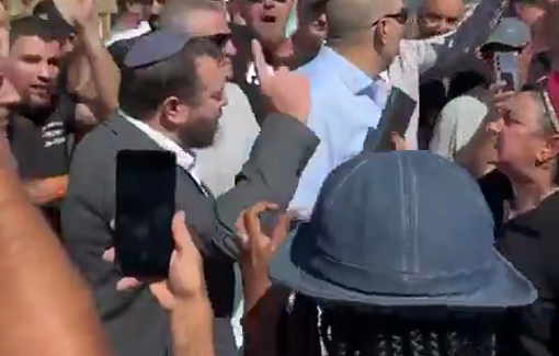 Thumbnail preview image for the video titled: Amichai Eliyahu with rioters around him chanting "Death to Terrorists"