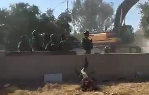 Thumbnail preview image for the video titled: Hyundai & CAT Israeli excavators carry out a demolition campaign targeting 5 homes in the village of Shuqba