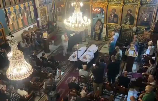 Thumbnail preview image for the video titled: Funeral for the two Orthodox Christians killed in the Israeli military attack on the Holy Family Catholic Church