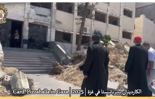 Thumbnail preview image for the video titled: Cardinal Pizzaballa visits the ruins of the Rosary Sisters School desecrated by Israeli soldiers with Hebrew graffiti and the Star of David