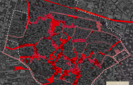 Thumbnail preview image for the video titled: Forensic Architecture animation map of the demolition of Jenin R.C. (July 3)