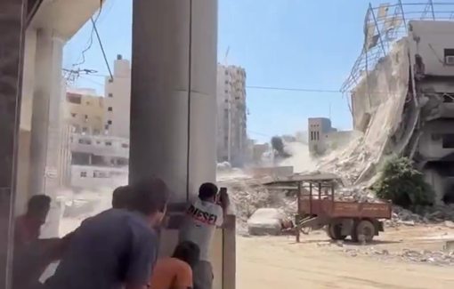 Thumbnail preview image for the video titled: The moment Israel destroyed Al-Sousi Tower in Gaza City