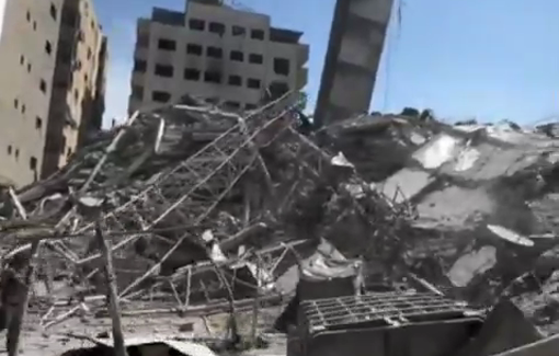 Thumbnail preview image for the video titled: Total destruction of Al-Sousi Tower by Israeli bombing
