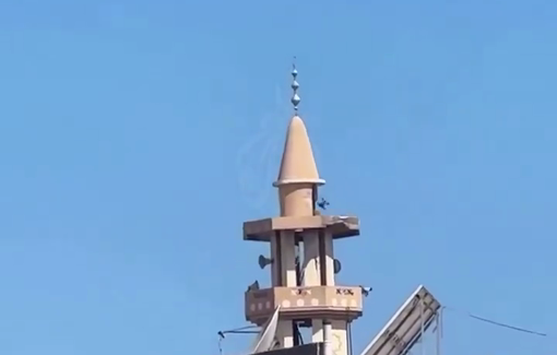 Thumbnail preview image for the video titled: Israeli suicide drone blows up the minaret of the Al-Balad (old town) Mosque in Deir al-Balah