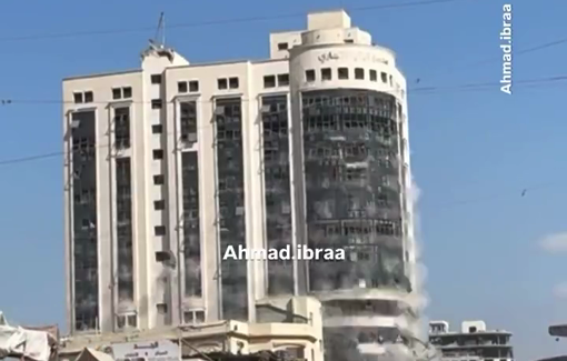 Thumbnail preview image for the video titled: Double Israeli airstrike destroys Al-Roya Tower 2