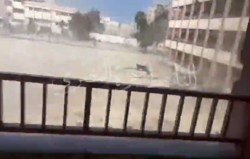 Thumbnail preview image for the video titled: Displaced families sheltering at Al-Nil school panic as the IDF blows up buildings in the vicinity