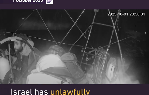 Thumbnail preview image for the video titled: Israeli military vessels blasting GSF boats with bright lights and spraying them with water cannons