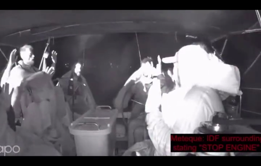 Thumbnail preview image for the video titled: Israeli Navu Unit try to get the Meteque boat to stop it's engine but they don't listen