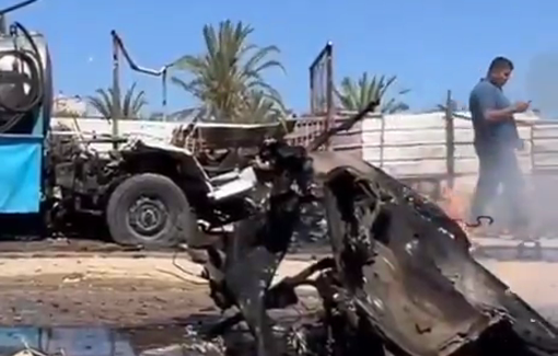 Thumbnail preview image for the video titled: Israeli drone struck a water truck in Nuseirat, killing at least one person