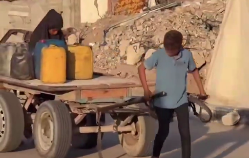 Thumbnail preview image for the video titled: Three siblings push a cart loaded with water