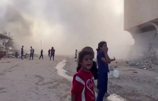 Thumbnail preview image for the video titled: Littler girls carrying water containers distraught by smoke grenades dropped on their shelter