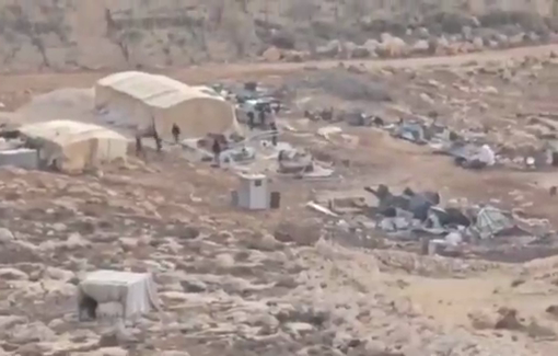 Thumbnail preview image for the video titled: Settlers stealing the barns and tents of farmers and shepherds in the al-Khalayel area of the village of Al-Mughayyir