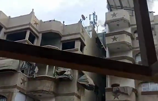 Thumbnail preview image for the video titled: An Israeli drone dropped an explosive on a multi-storey building at the Sanafur Junction