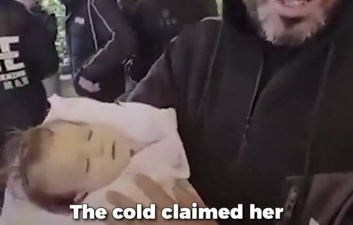 Thumbnail preview image for the video titled: The infant Rahaf Abu Jazar, eight months old, died from the cold after rainwater flooded her family’s tent in Al-Mawasi