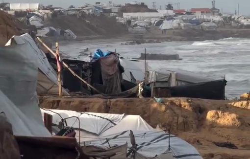 Thumbnail preview image for the video titled: Displaced Palestinians on Gaza’s coast endure flooding from rain and sea