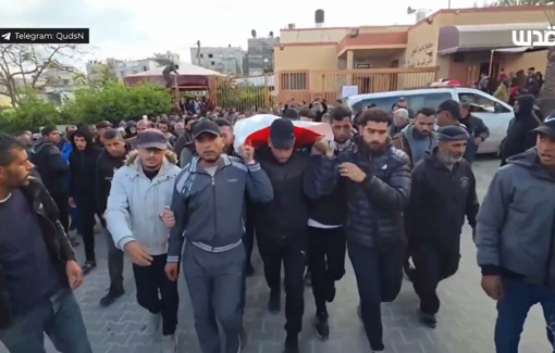 Thumbnail preview image for the video titled: The funeral procession of the nurse Hatem Abu Saleh, killed by an Israeli drone strike in Khan Younis