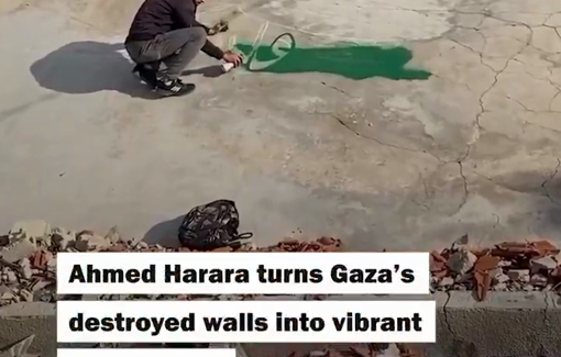 Thumbnail preview image for the video titled: Palestinian artist Ahmed Harara transforms the walls of homes destroyed by Israel into vibrant paintings