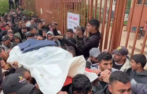 Thumbnail preview image for the video titled: Funerals of two journalists killed in an Israeli strike in central Gaza