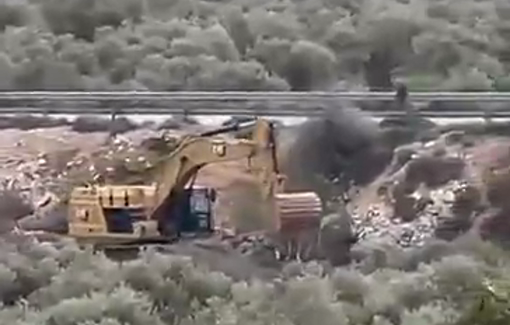 Thumbnail preview image for the video titled: Israeli bulldozers are uprooting more than 1,000 olive and almond trees in Kafr Malik