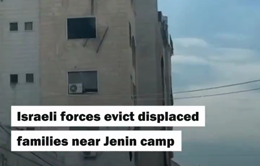 Thumbnail preview image for the video titled: Israeli forces throw out belongings of displaced Palestinain families from a residential building near Jenin Camp