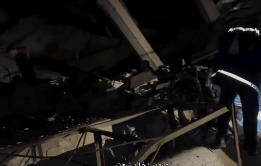 Thumbnail preview image for the video titled: Israeli aircraft targeting of a three-story house in the city of Khan Younis causing significant damage to a large number of nearby residents’ homes