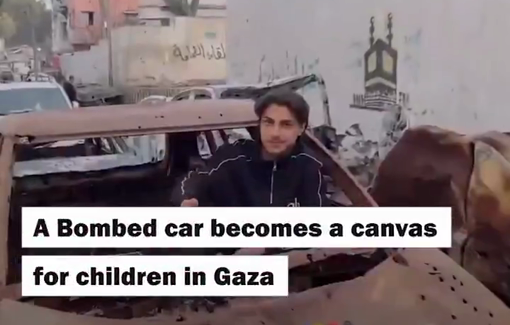 Thumbnail preview image for the video titled: Children in Gaza turn a bombed car into a canvas, painting it with their colourful drawings