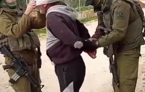 Thumbnail preview image for the video titled: Israeli forces arrest a Palestinian in Huwara (Masafer Yatta) to prevent him to plow his land