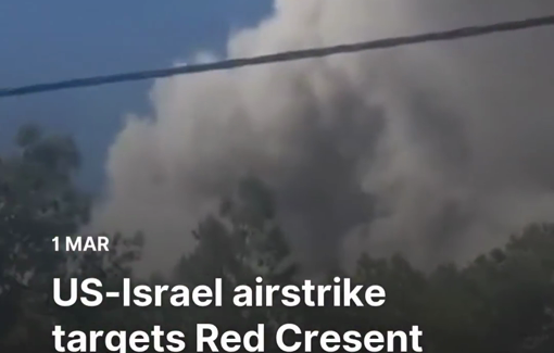 Thumbnail preview image for the video titled: An US-Israeli airstrike bombed the areas near the Red Crescent Building, Khatam al-Anbiya Hospital, Behzisti facilities, and Motahari Hospital