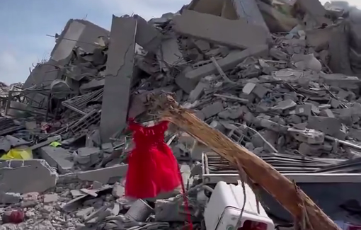 Thumbnail preview image for the video titled: Israeli forces display Palestinian lingerie on a destroyed home to symbolize their domination
