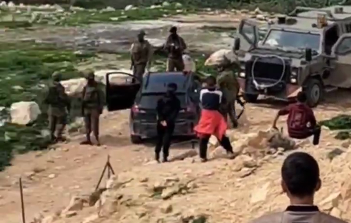 Thumbnail preview image for the video titled: Settlers try to steal sheep from Palestinians in Rujum A'ali and settler-soldiers arrest the Palestinian