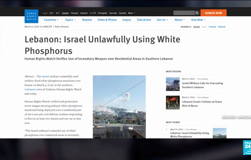 Thumbnail preview image for the video titled: Israel use of unlawfully using white phosphorus munitions over a southern Lebanese town