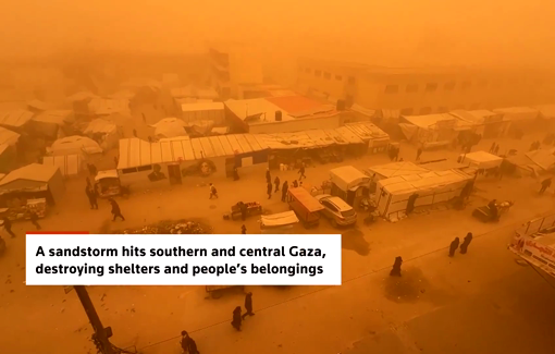 Thumbnail preview image for the video titled: A sandstorm swept through Gaza's tent camps, destroying shelters and sending belongings flying