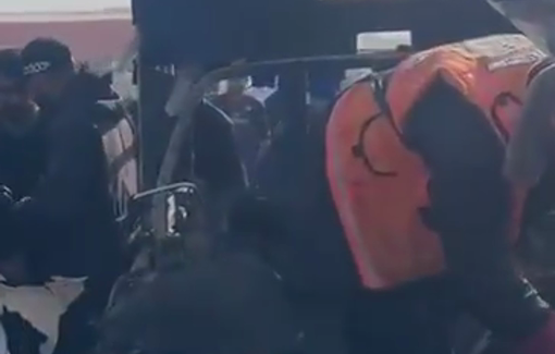 Thumbnail preview image for the video titled: The first moments after an Israeli drone targeted a Palestinian police vehicle in the central governorate of the Gaza Strip, killing nine citizens