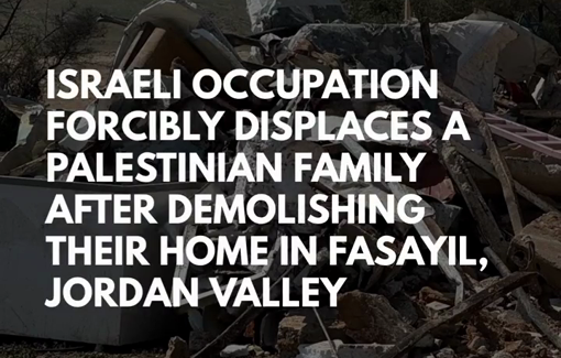 Thumbnail preview image for the video titled: The Israeli army, settler security, police, border police and masked men in yellow vests demolished a shepherding family's home in Fayasil al-Wusta